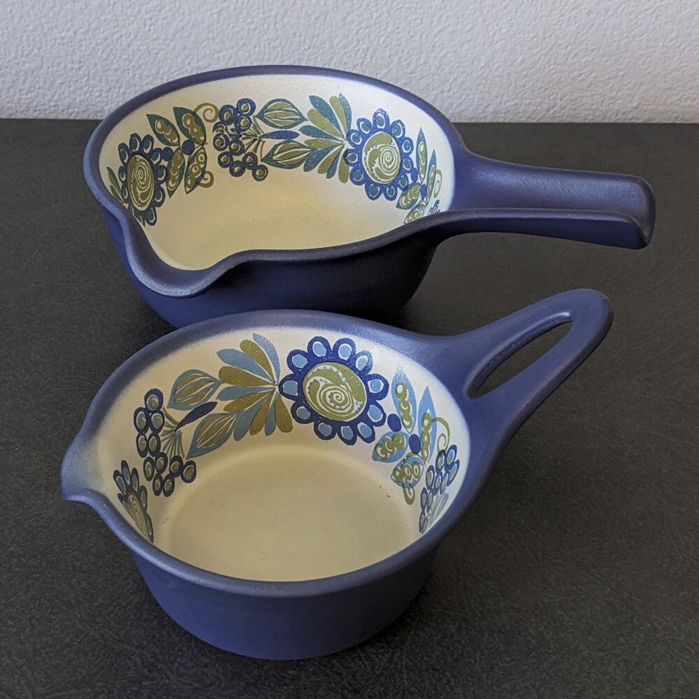 Figgjo Flameware Vulcanus Tor Viking pattern, Blue Floral, Two Small Pans, Gravy